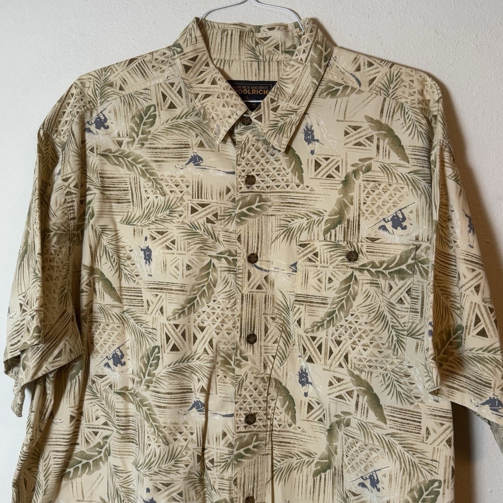 Woolrich Hawaiian Camp Shirt 2XL Tropical Leaf Button‎ Front Beige Tan